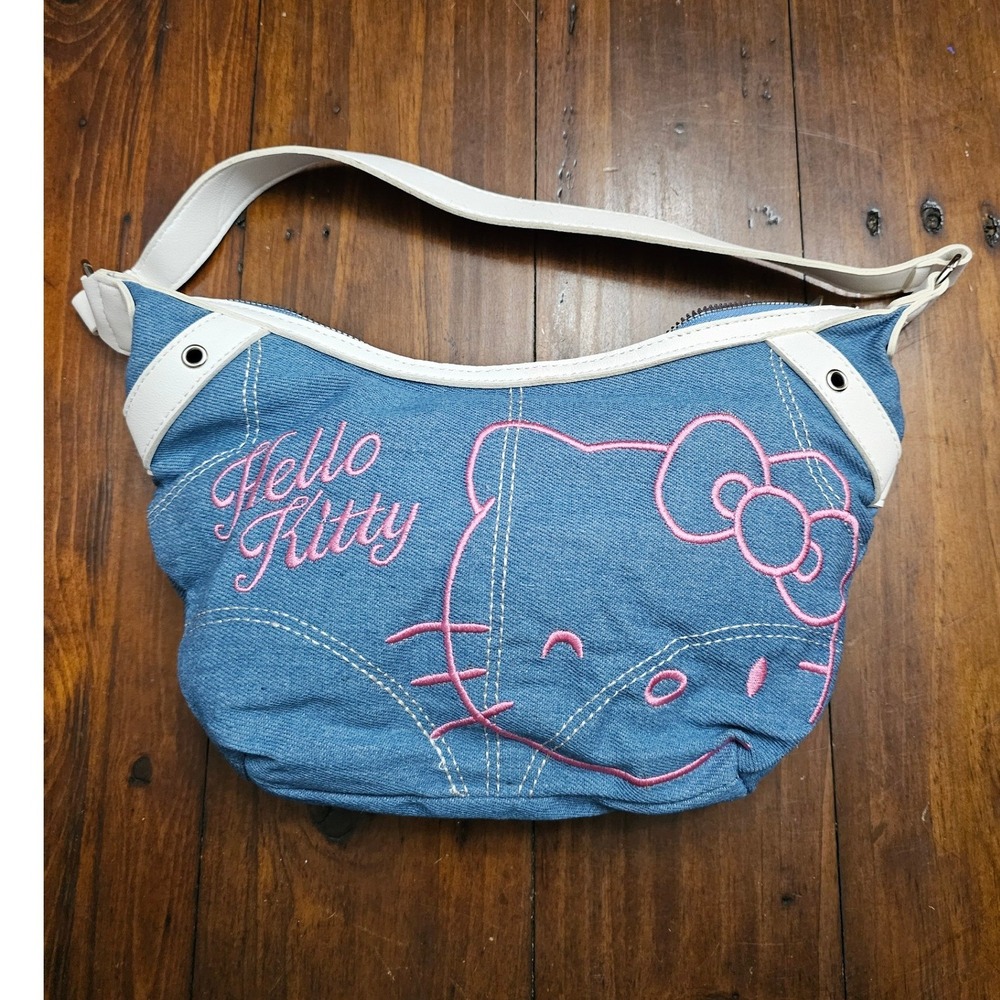 Sanrio Hello Kitty Blue Denim Shoulder Bag Pink Embroidery Y2K Hobo Purse White